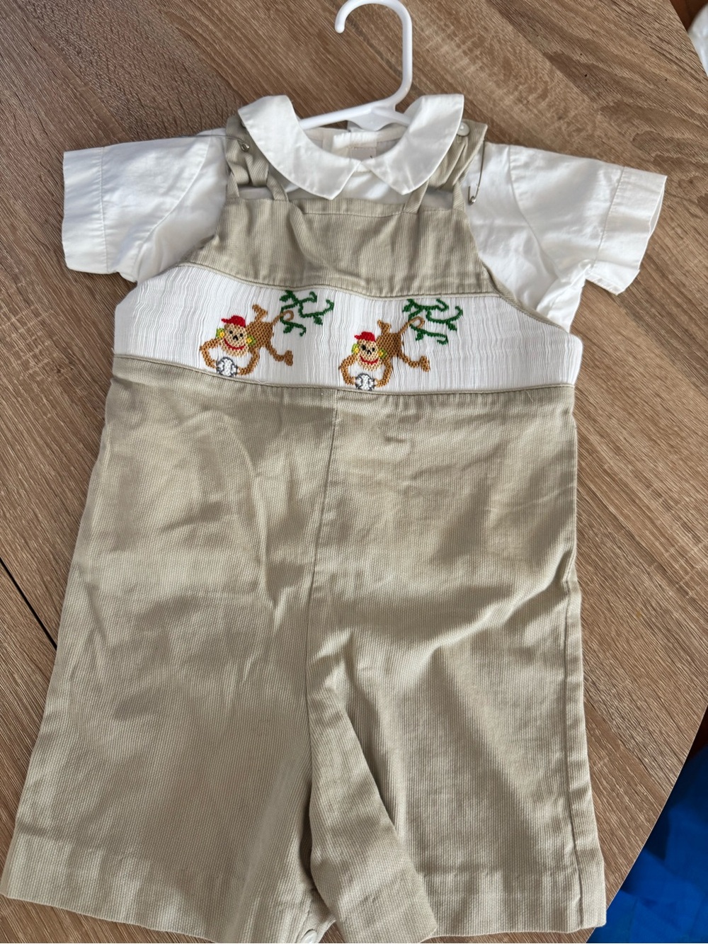Be Mine Boys 6M Monkey Embroidered Shortall Romper Peter Pan Shirt Set